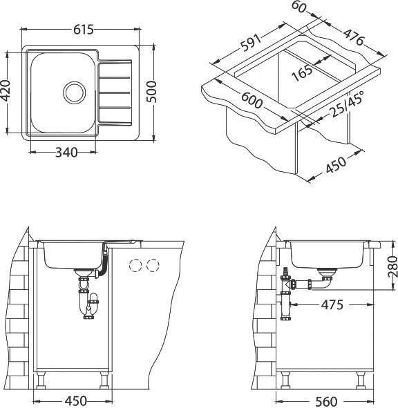 Мойка Alveus LINE 110 NAT 90 FI 615X500 в компл. с сифоном 1130551